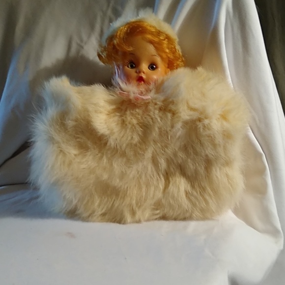 Vintage 1950 Childs Fur Muff With Dolls Head - 